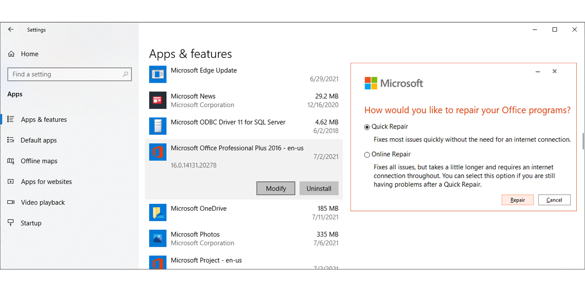 Repair Microsoft Office app in Windows 10