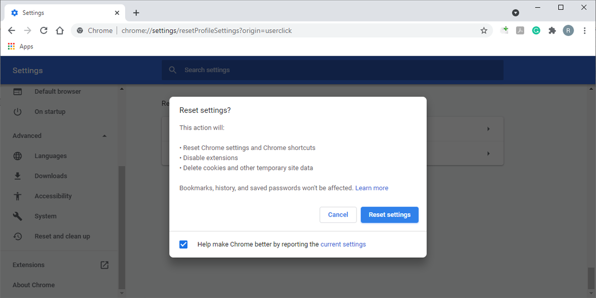 Resetting Google Chrome 