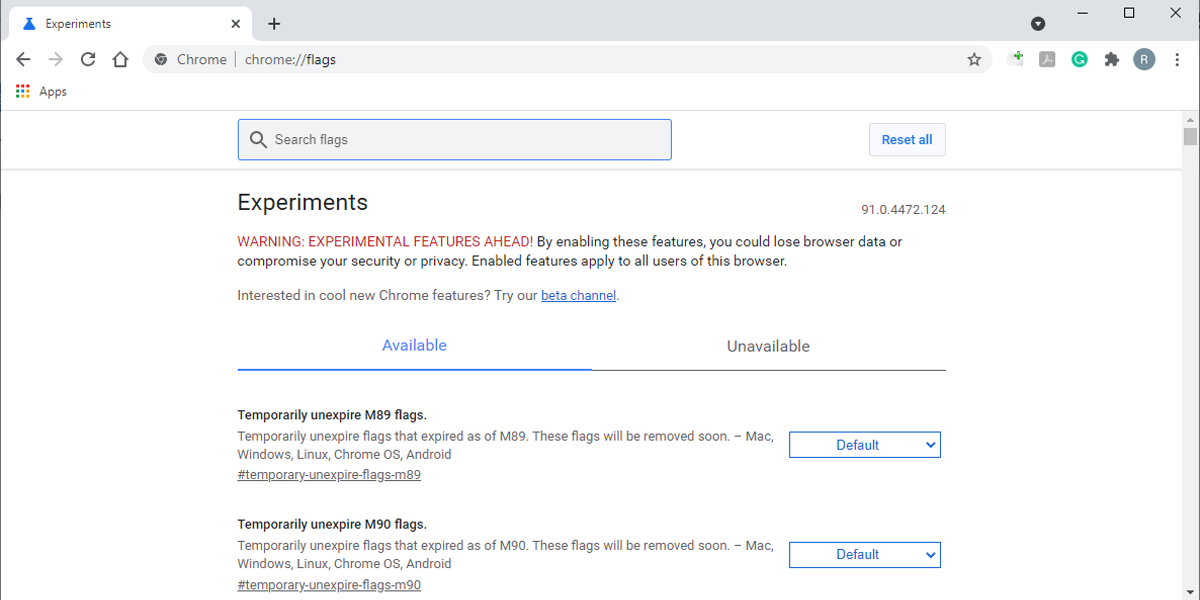Reset experimental features in Google Chrome