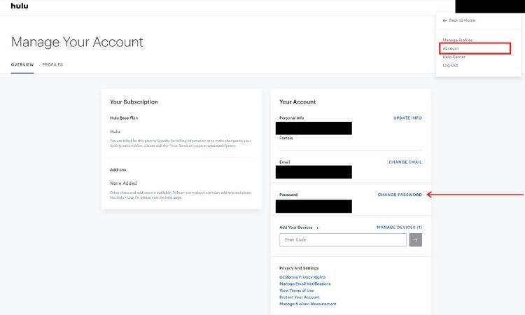 Screenshot of hulu account password management dashboard