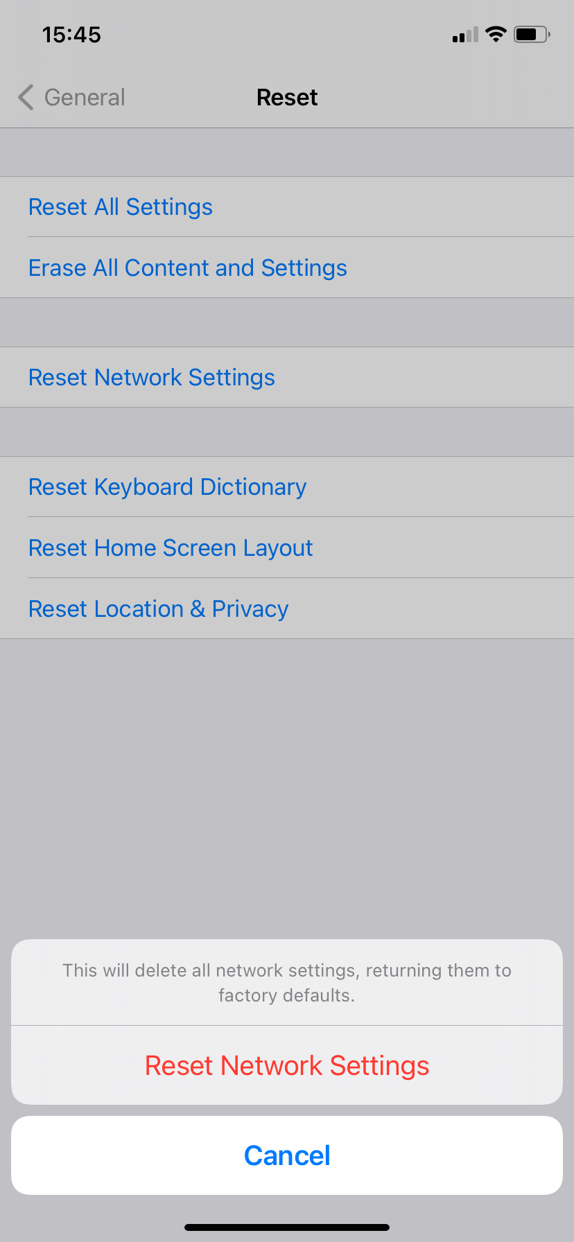 Reset network settings confirmation on iOS