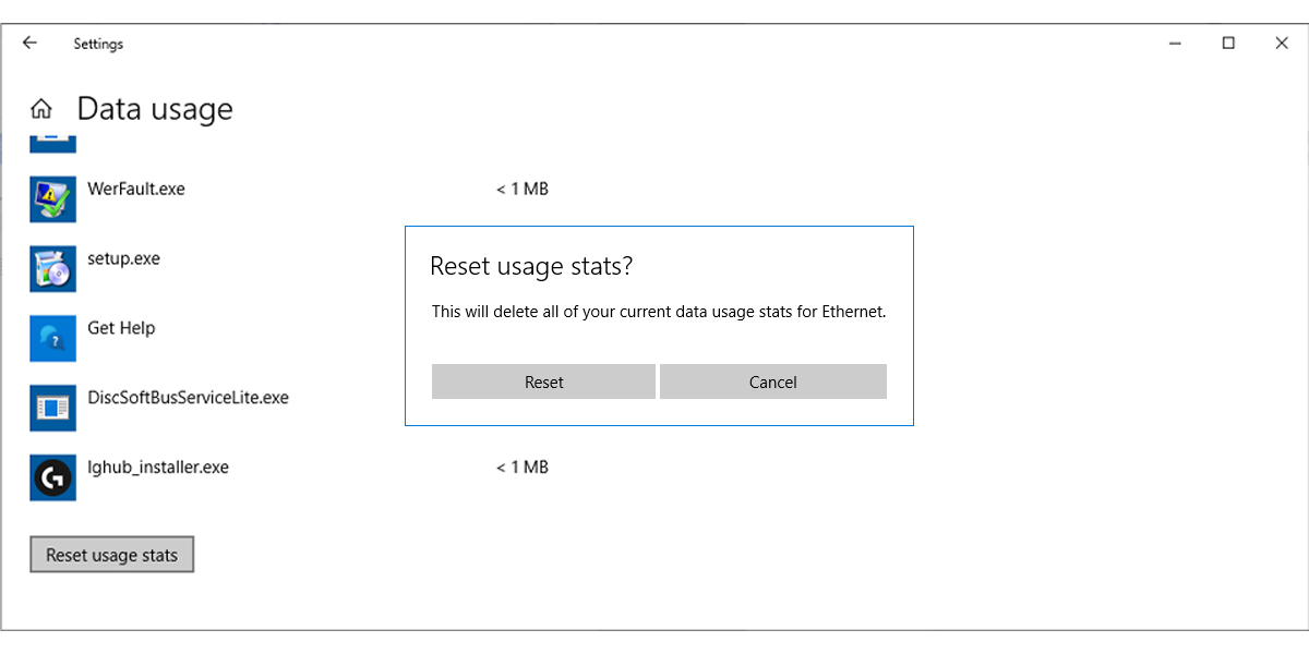 Reset data usage stats in Windows 10