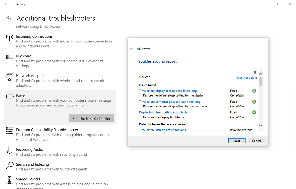 results of power troubleshooter in Windows 10