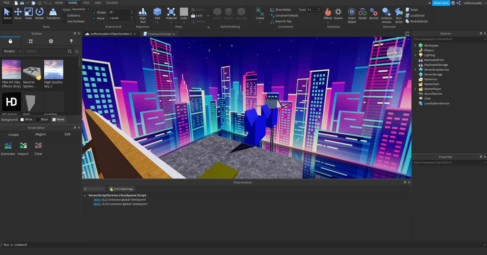 Roblox Studio with game being developed