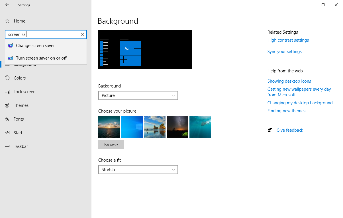 screen saver option in Windows 10
