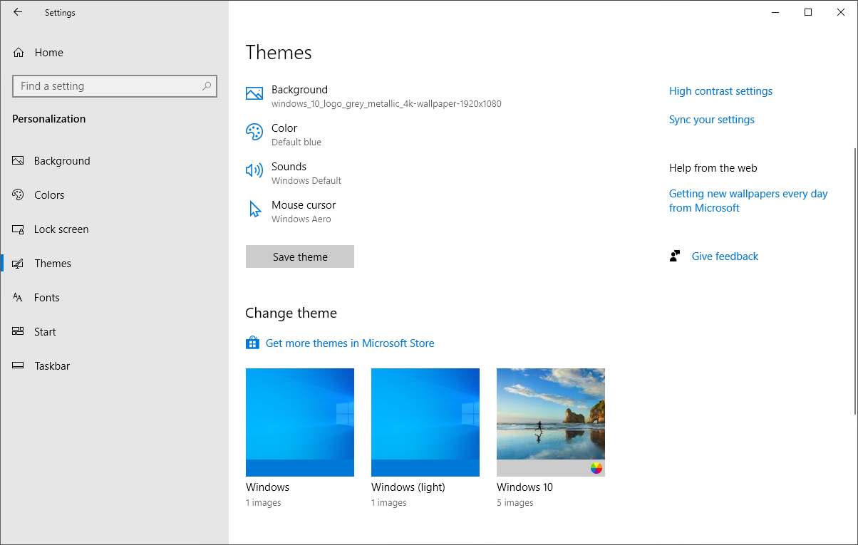 select a default Windows 10 theme