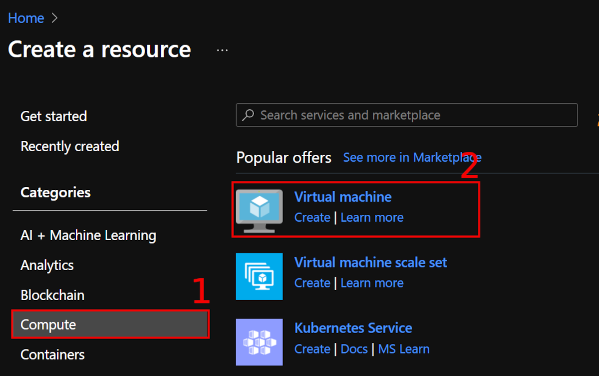 Erfahren Sie, wie Sie mit Azure eine virtuelle Maschine in der Cloud bereitstellen und konfigurieren Configure - select compute then virtual machine