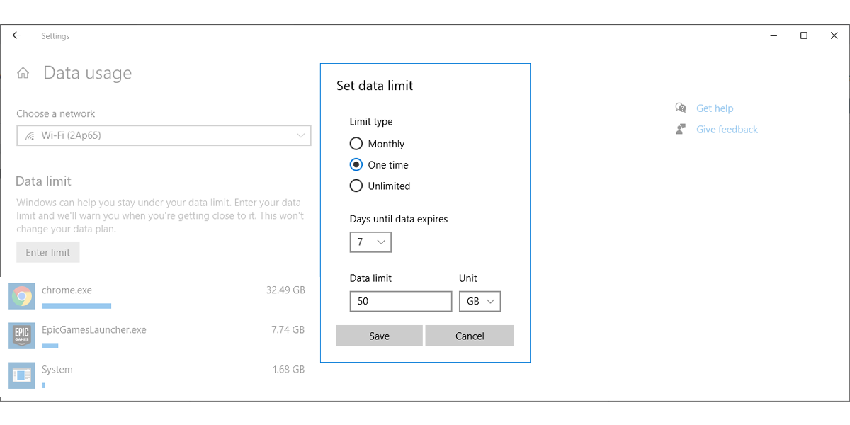 Set data limit in Windows 10