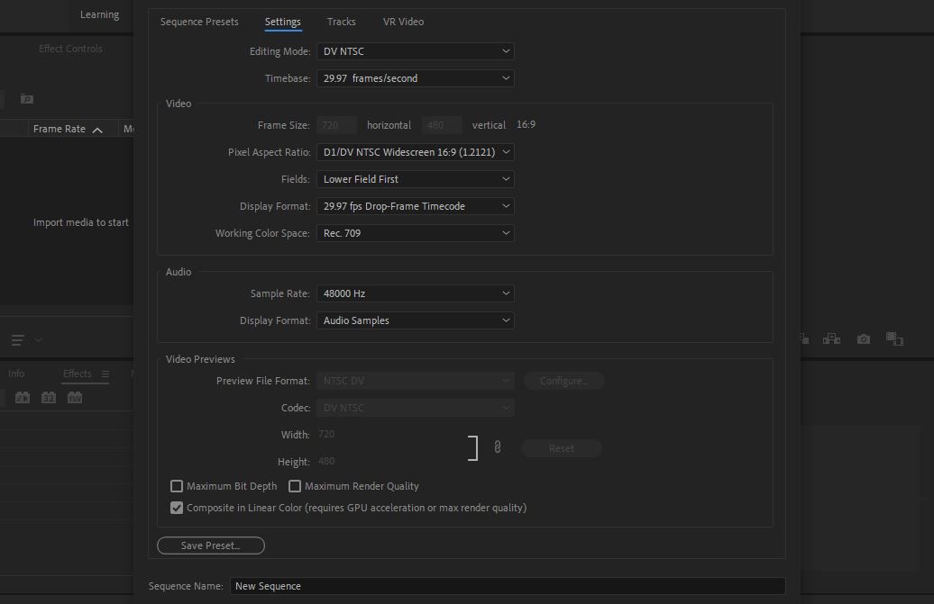 premiere sequence settings for youtube