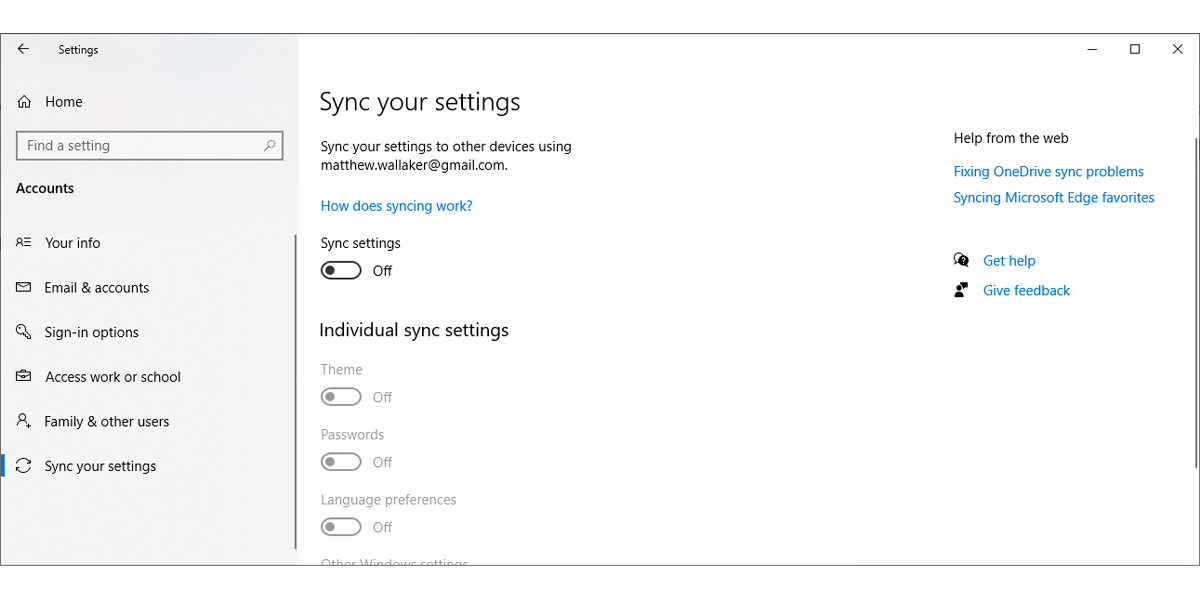Sync settings in Windows 10