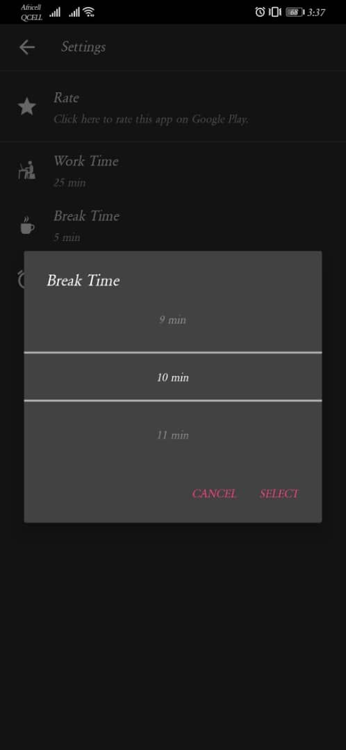 Screenshot of break taking app