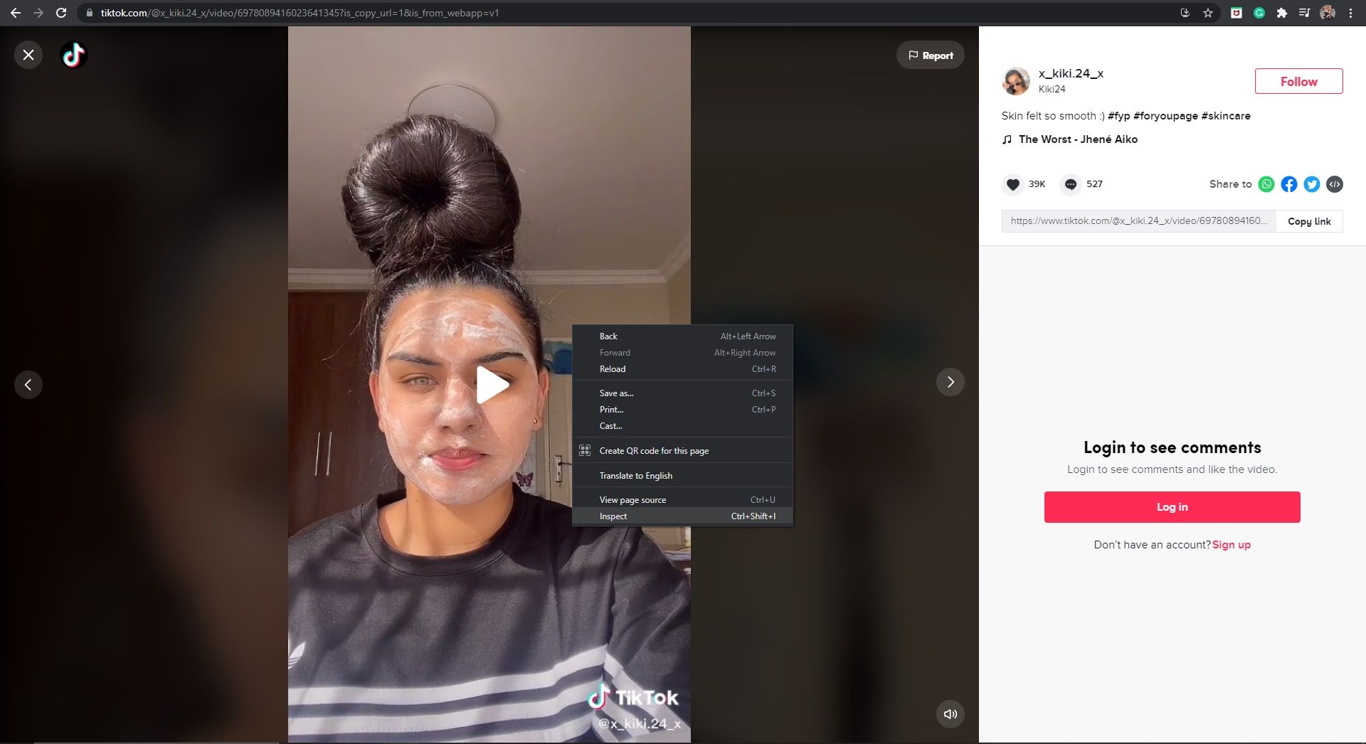 TikTok Website Video Options Inspect