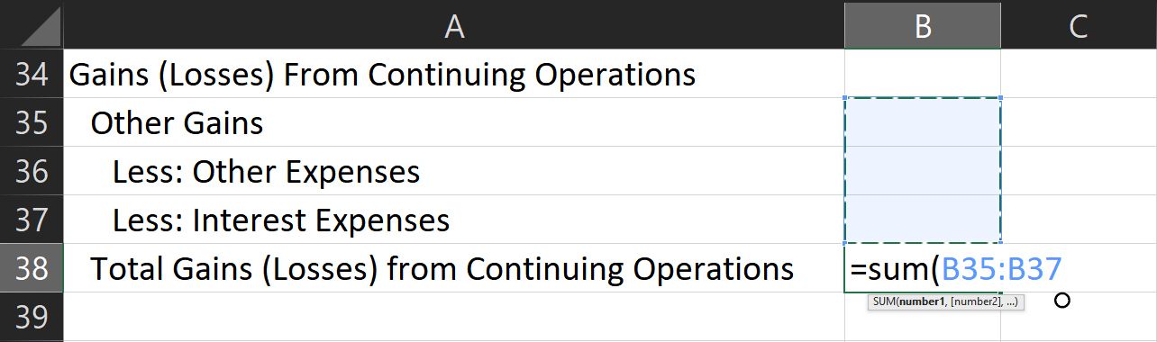 Formula for total gains from continuing operations in Excel