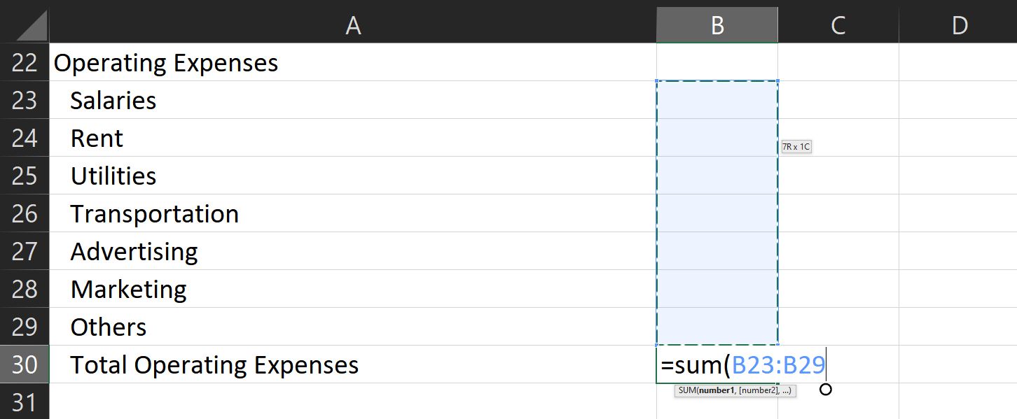 Total operating expenses formula in Excel for income statement