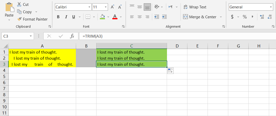 The output of the TRIM function in Excel.
