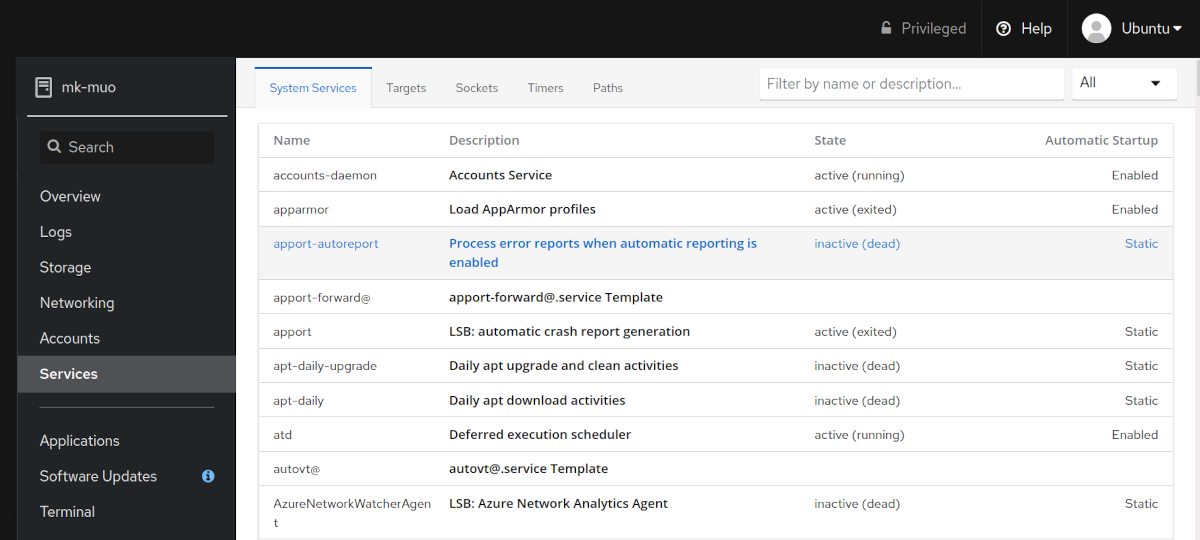 cockpit services page showing linux services