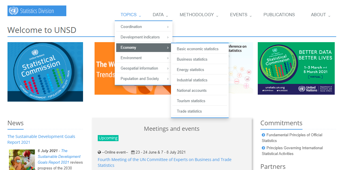 screenshot of UN statistical division website