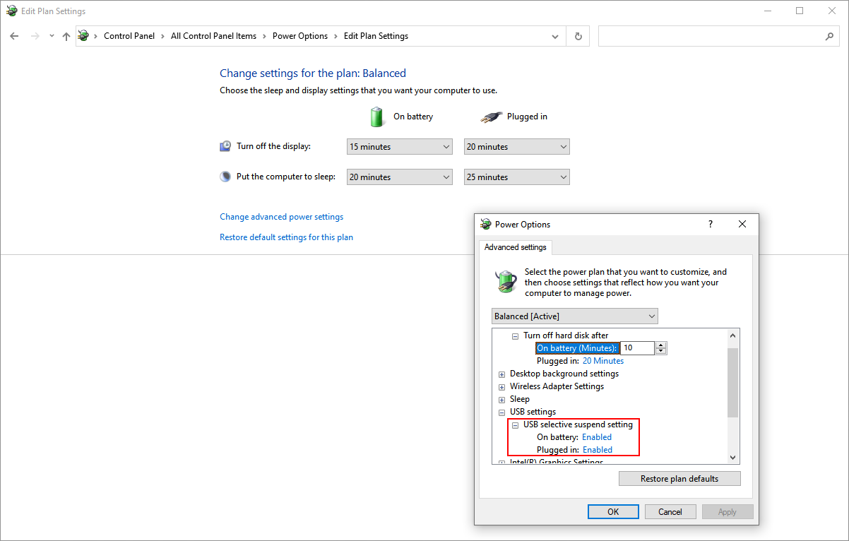 USB selective suspend setting in advanced power settings