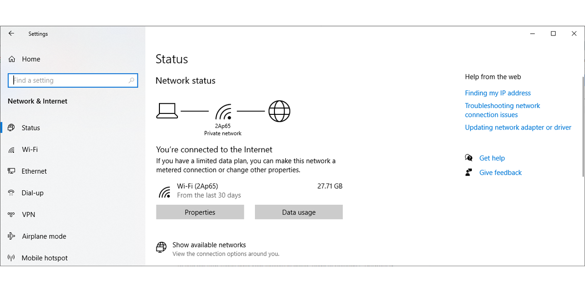 Network settings in Windows 10