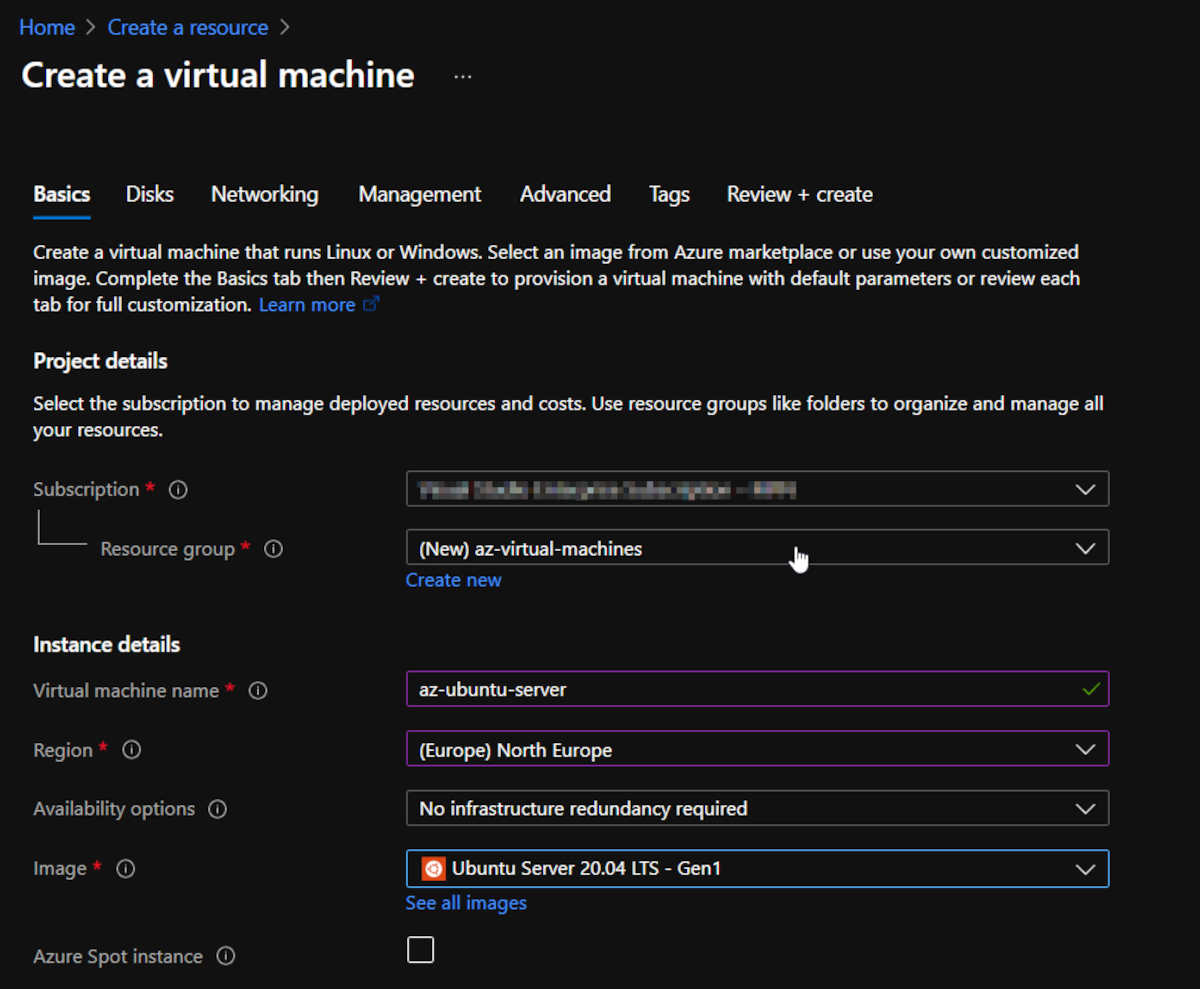 Erfahren Sie, wie Sie mit Azure eine virtuelle Maschine in der Cloud bereitstellen und konfigurieren Configure - virtual machine creation fields