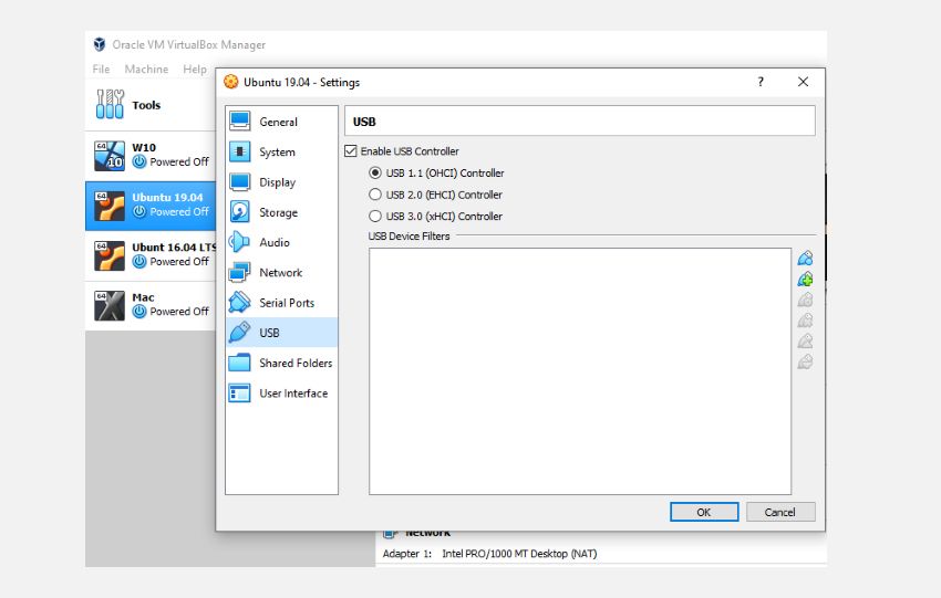 Virtualbox usb settings