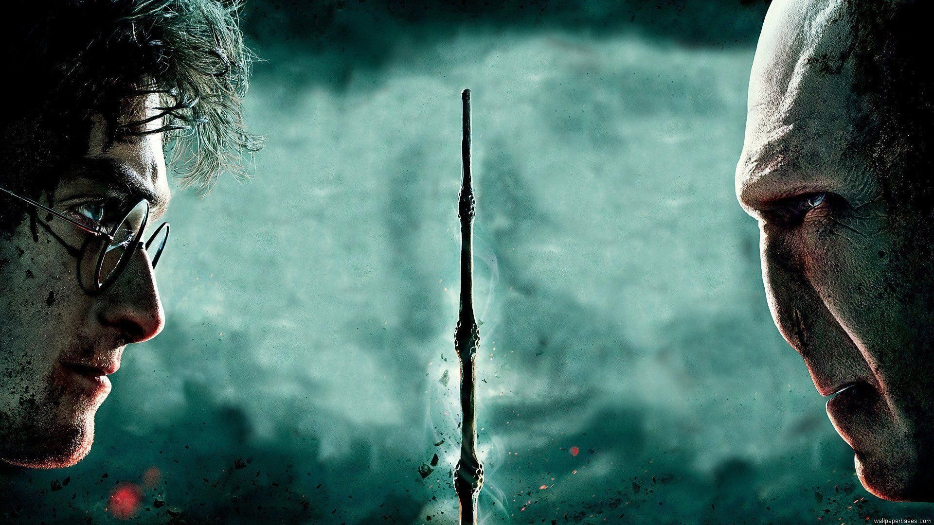 Image of Harry Potter (left) and Voldemort (right) looking at each other eye to eye, a wand is placed in the middle of the image