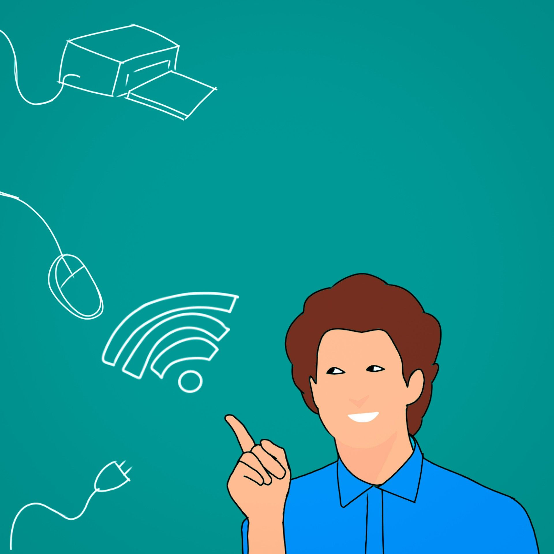 drawing of man pointing at WiFi symbol