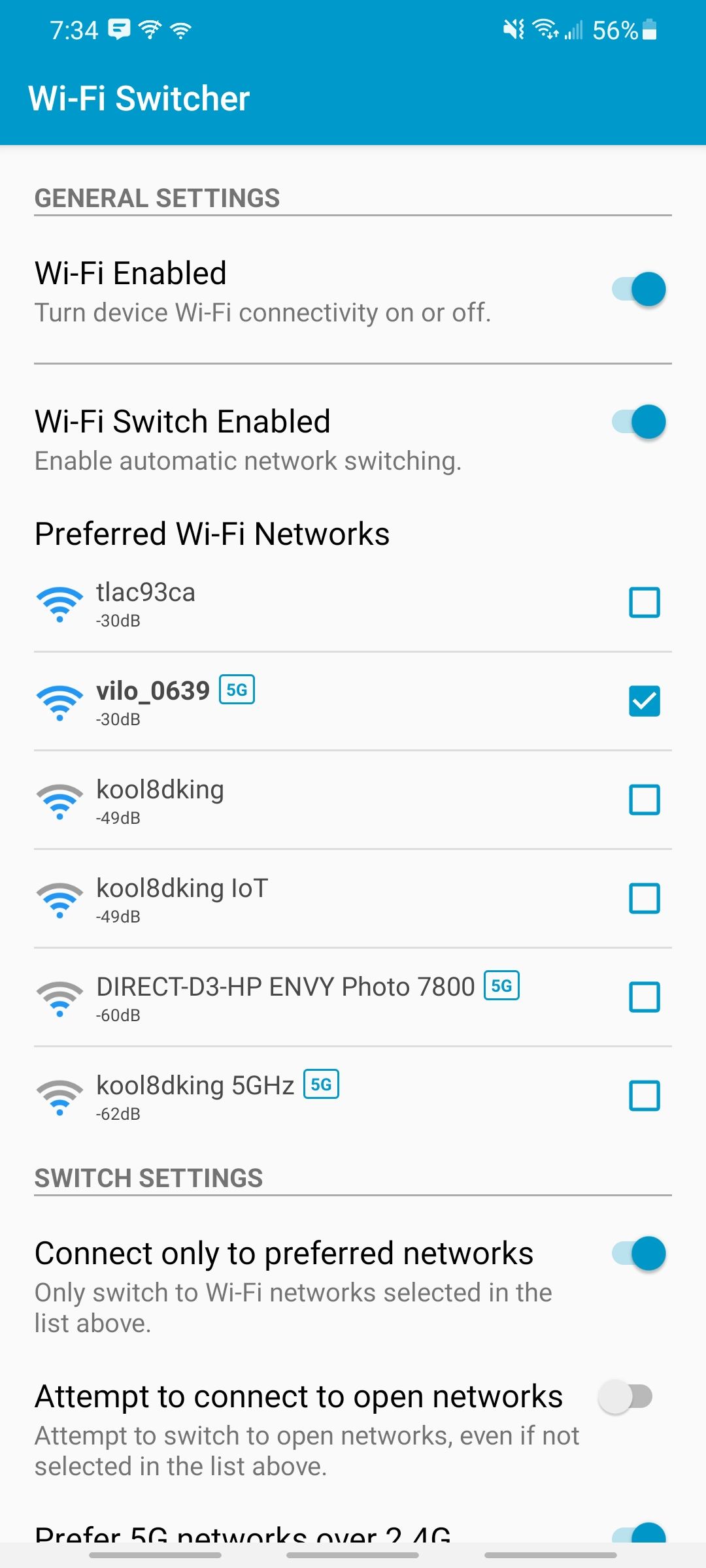wifi switcher app displaying available and preferred networks