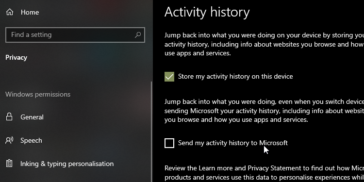 Checking the options in Windows 10's activity history