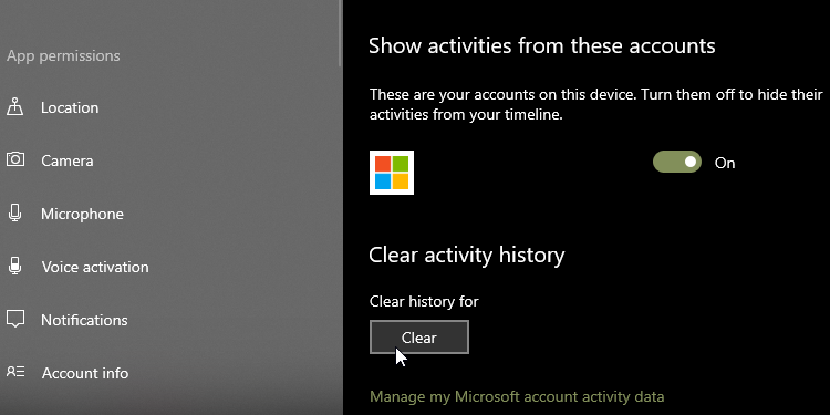 Windows 10 clear activity history