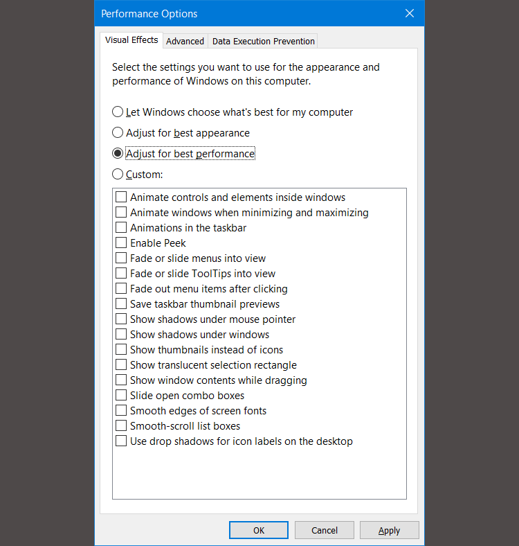 windows 10 performance options turning off visual effects
