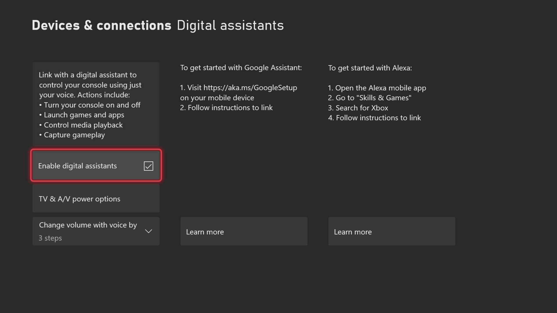 Xbox Settings Digital Assistants Menu