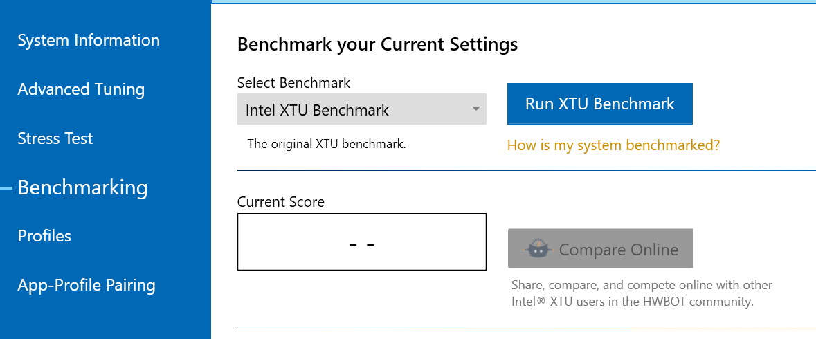 Intel XTU Benchmarking tab