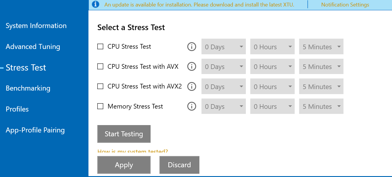 Intel XTU Stress Test tab