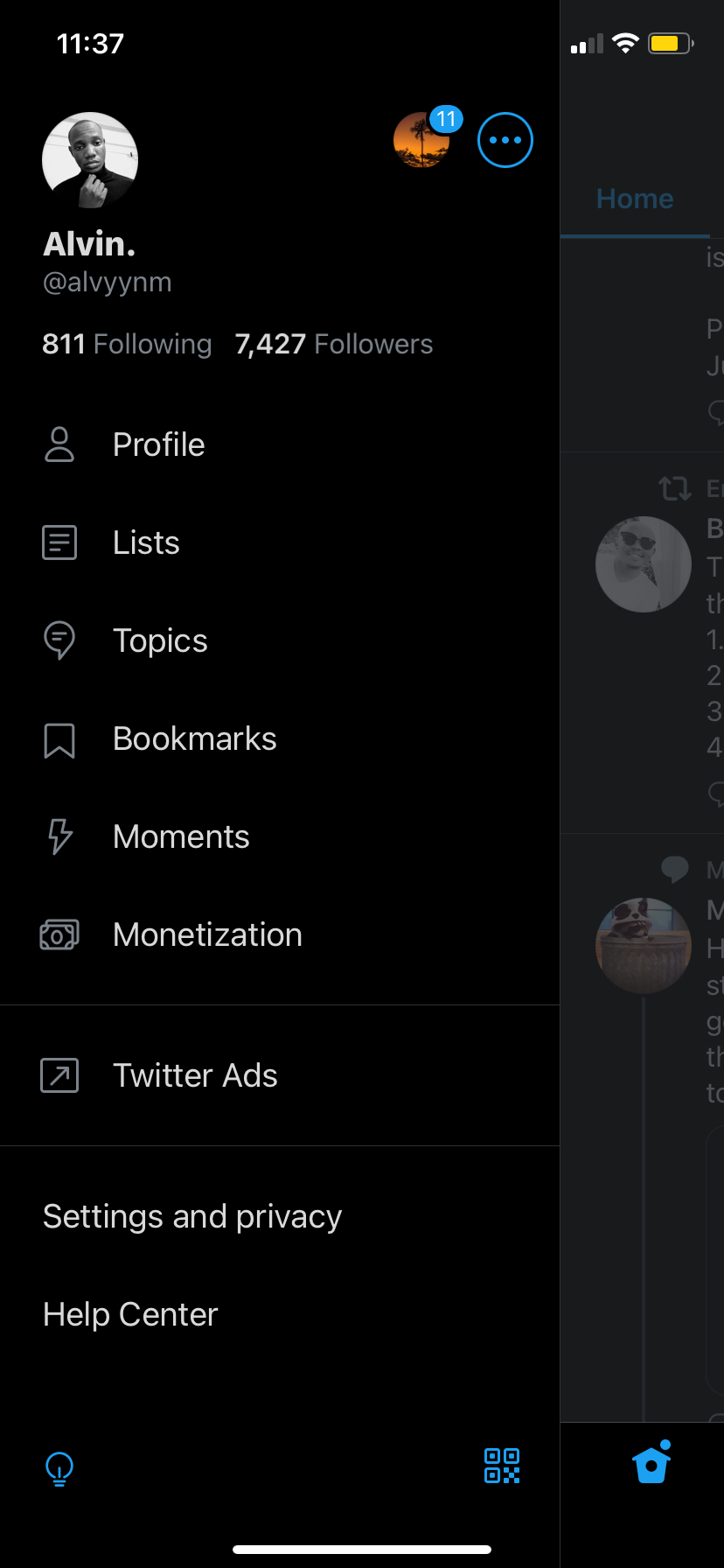 Twitter menu options on mobile