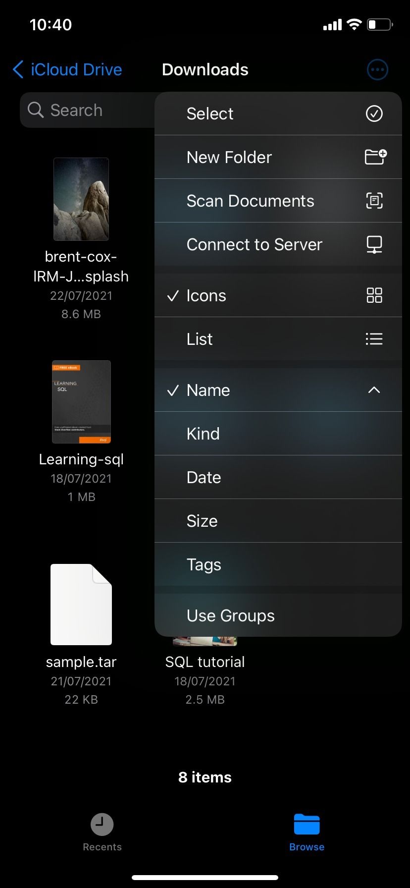 Context menu in iPhone Files app