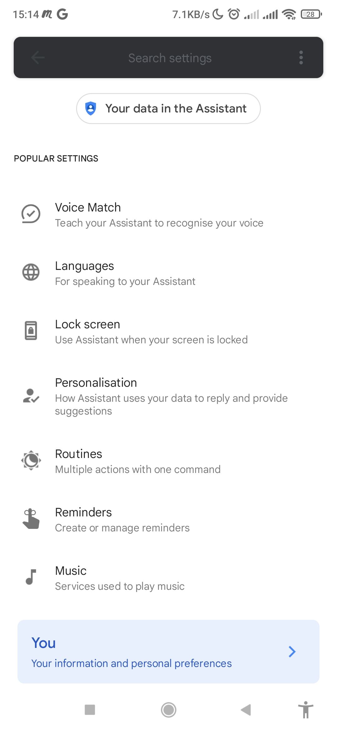Google Assistant settings on Android