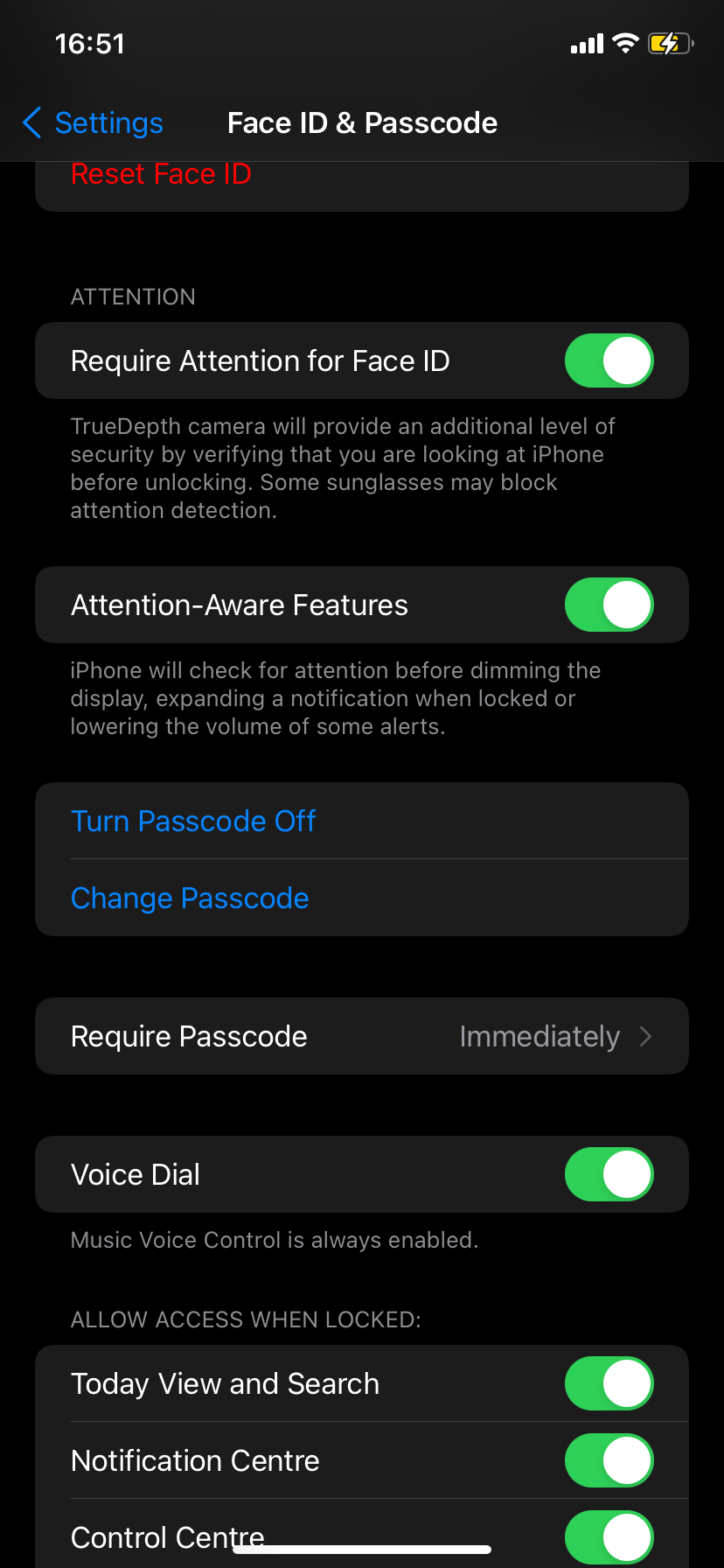 Face ID & Passcode settings page