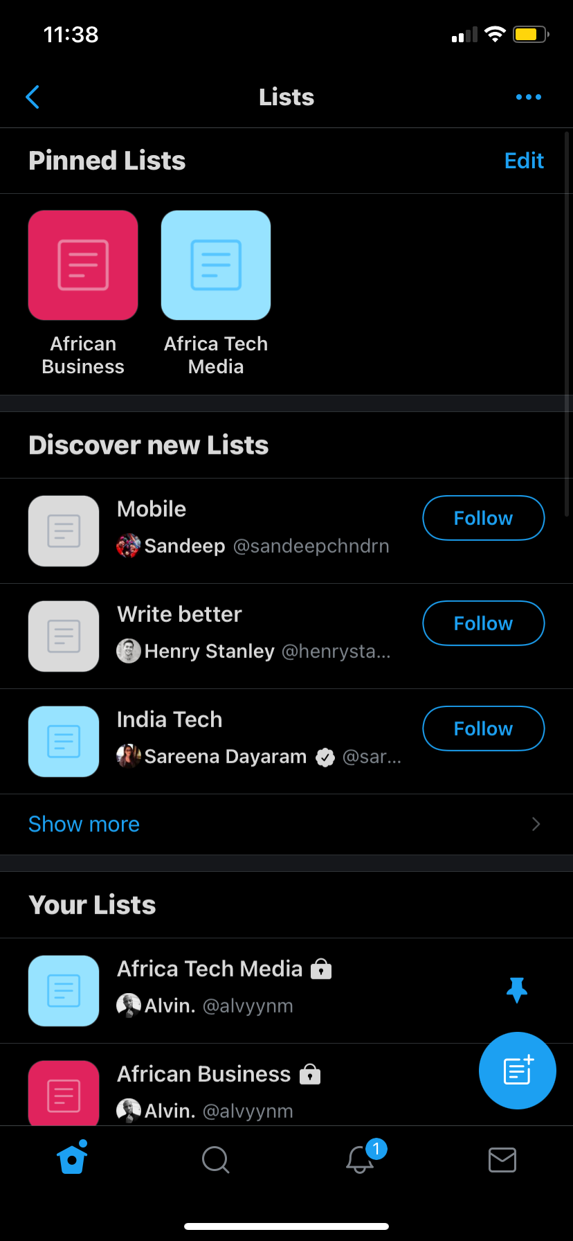 Twitter Lists page on mobile