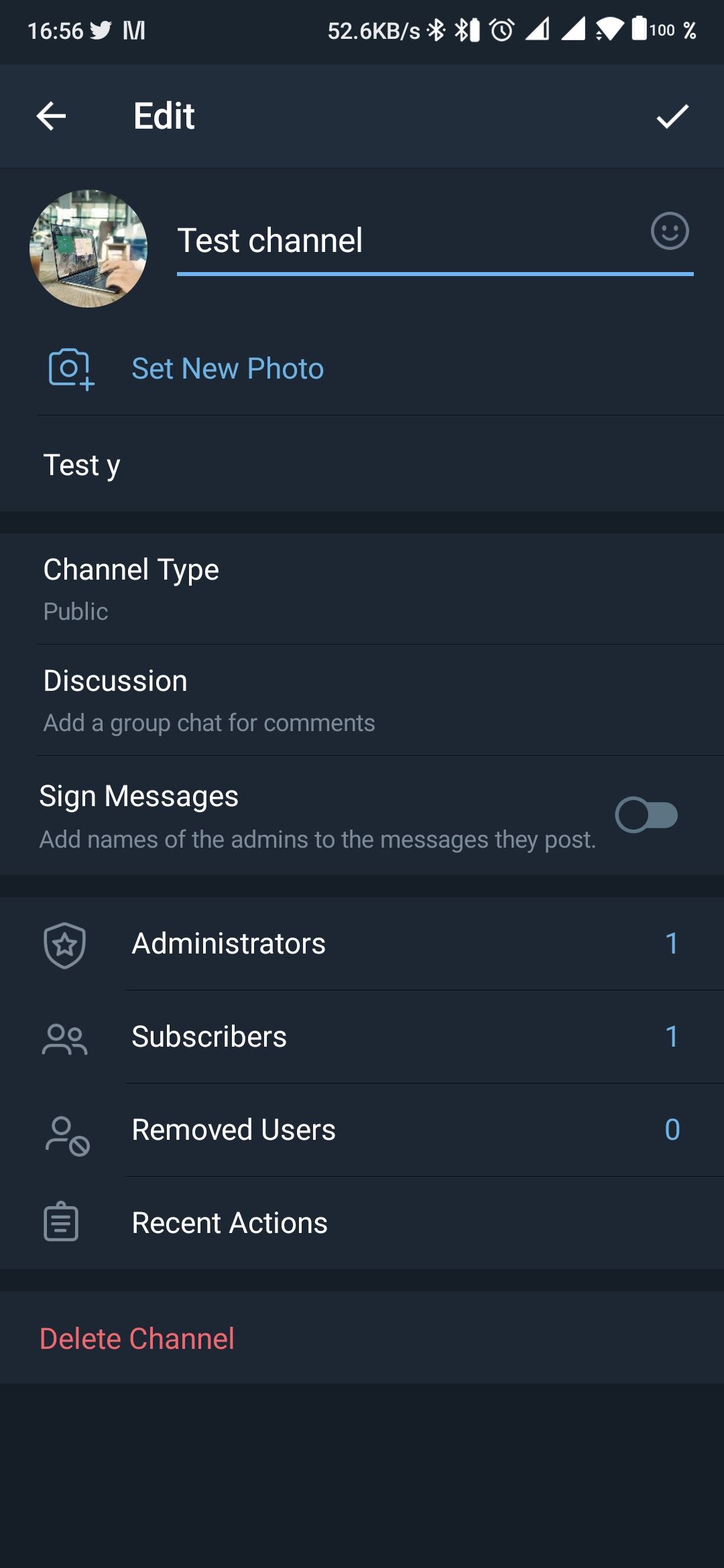 Telegram channel settings options on Android
