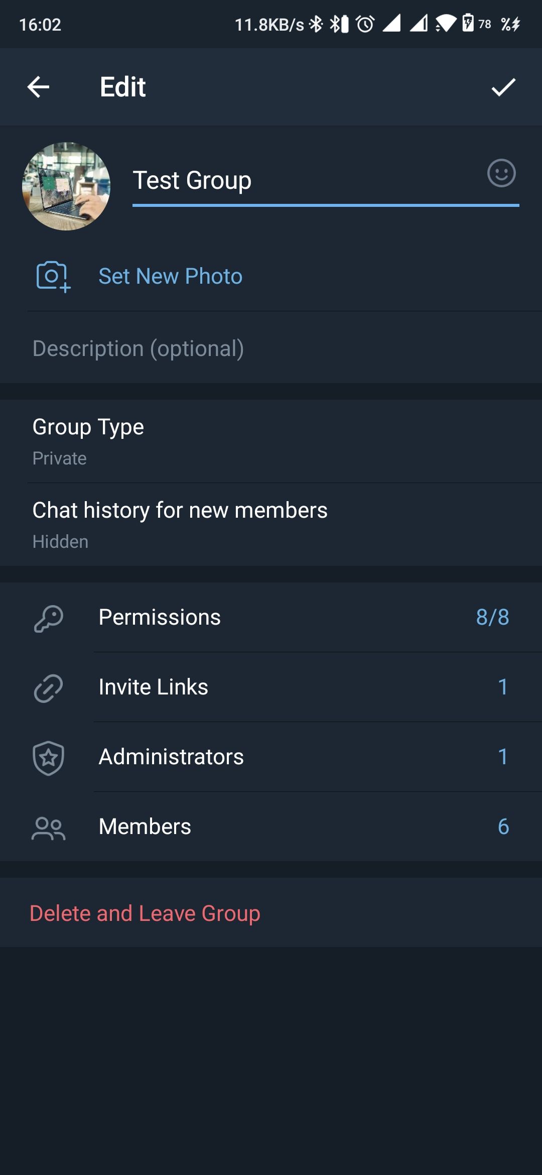 Delete Telegram group option on Android