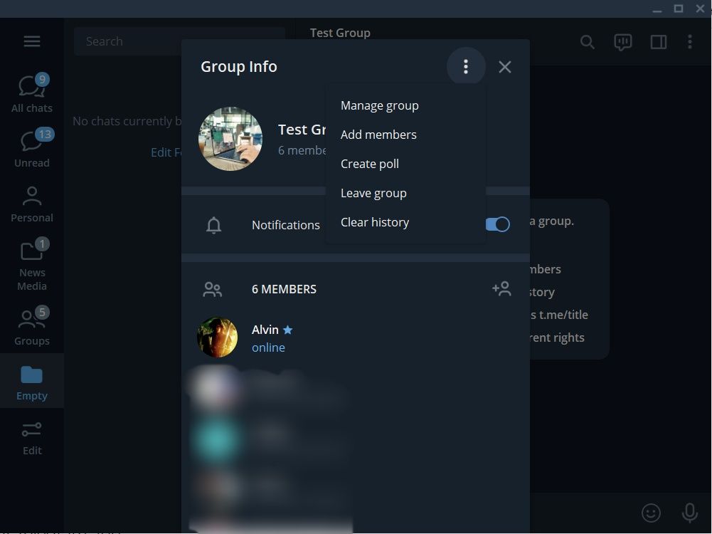 Manage group settings on Telegram desktop