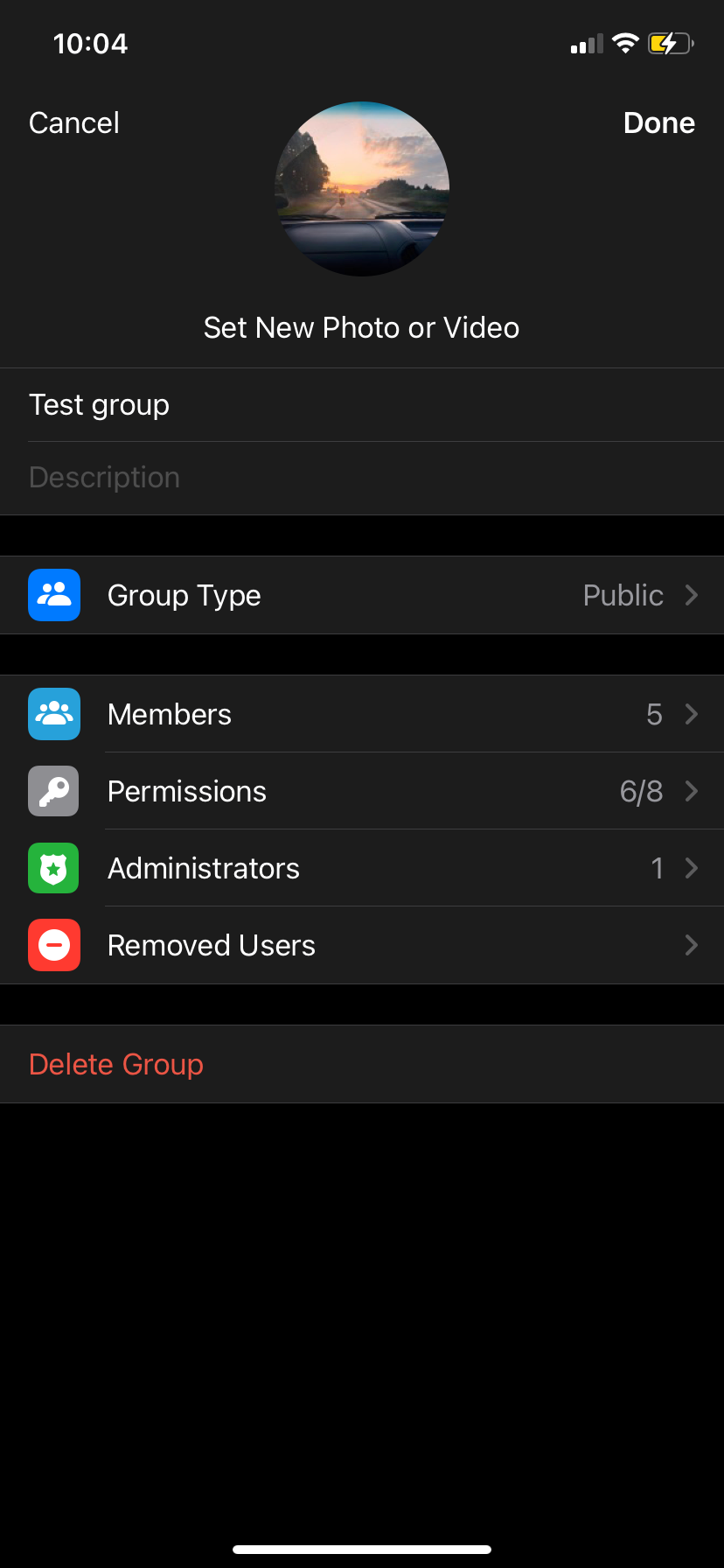 Telegram group settings page on iOS