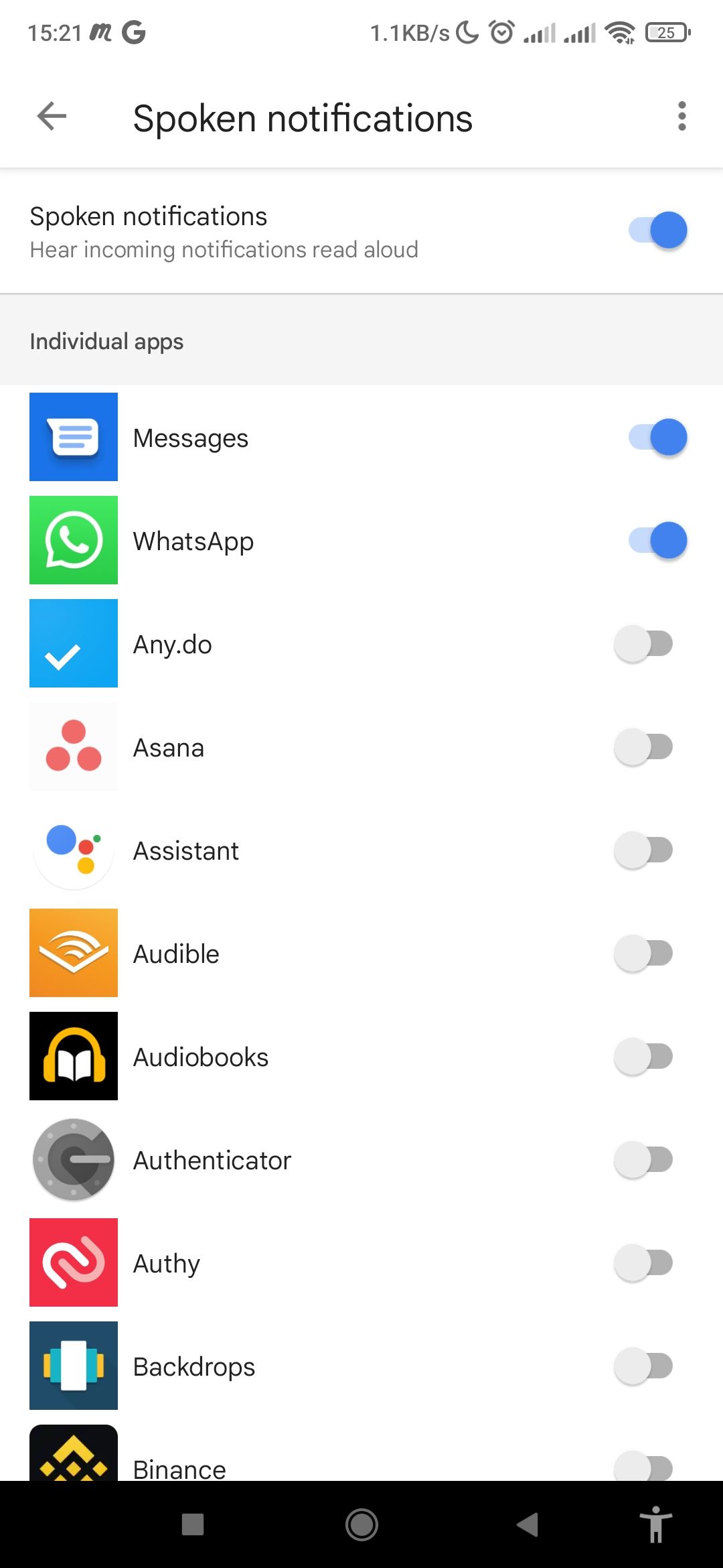 Choosing apps to work with Spoken notifications