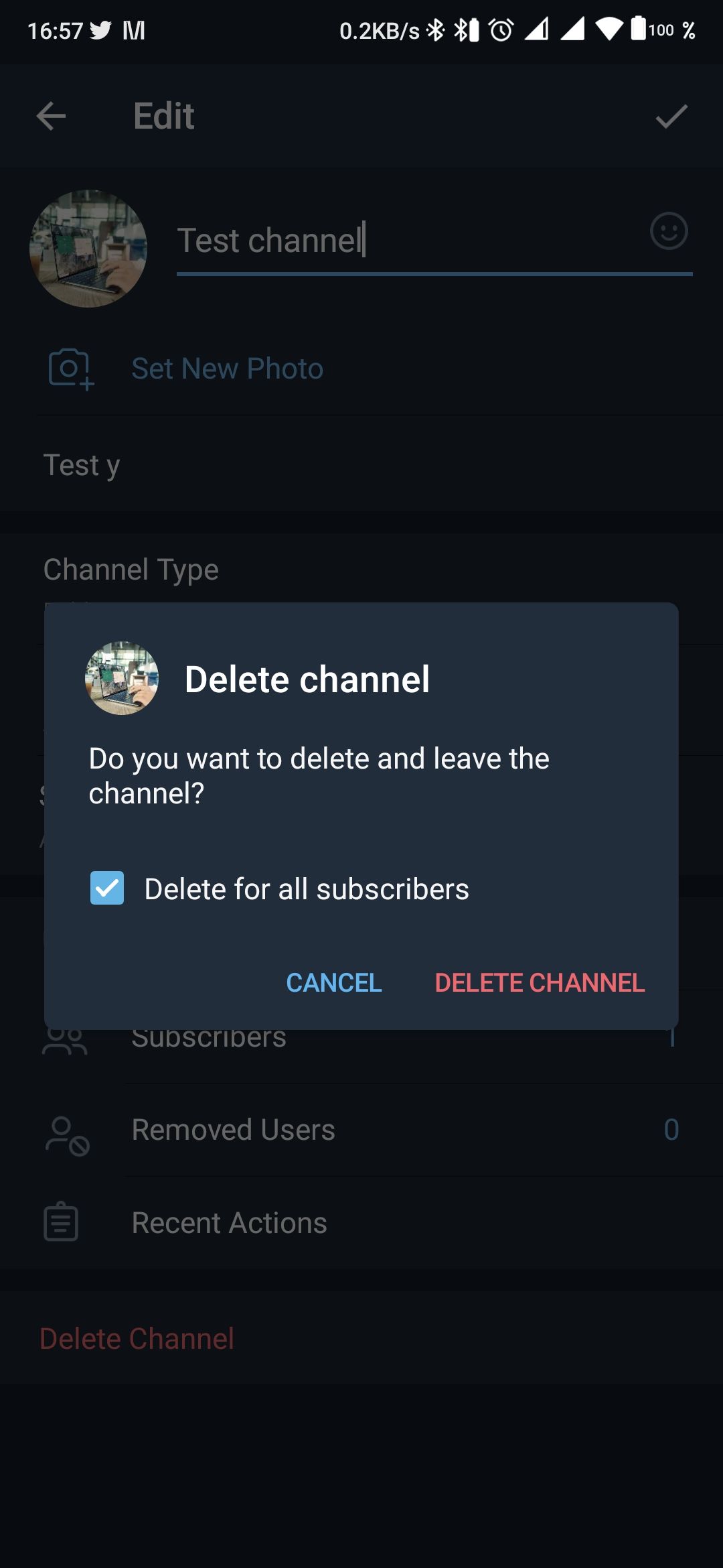 Delete a Telegram channel on Android