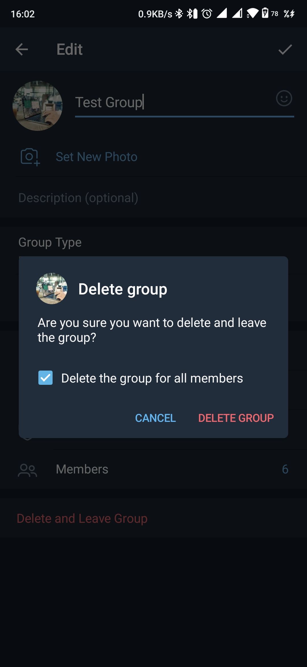 Confirmation to delete Telegram group