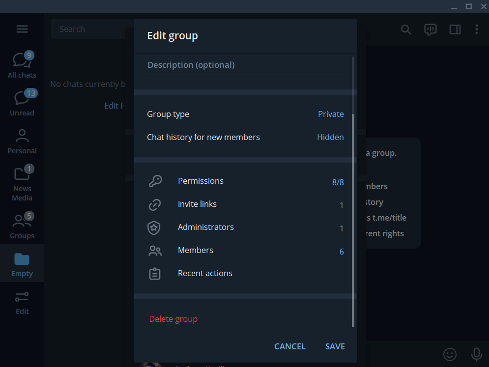 Delete a telegram group on desktop