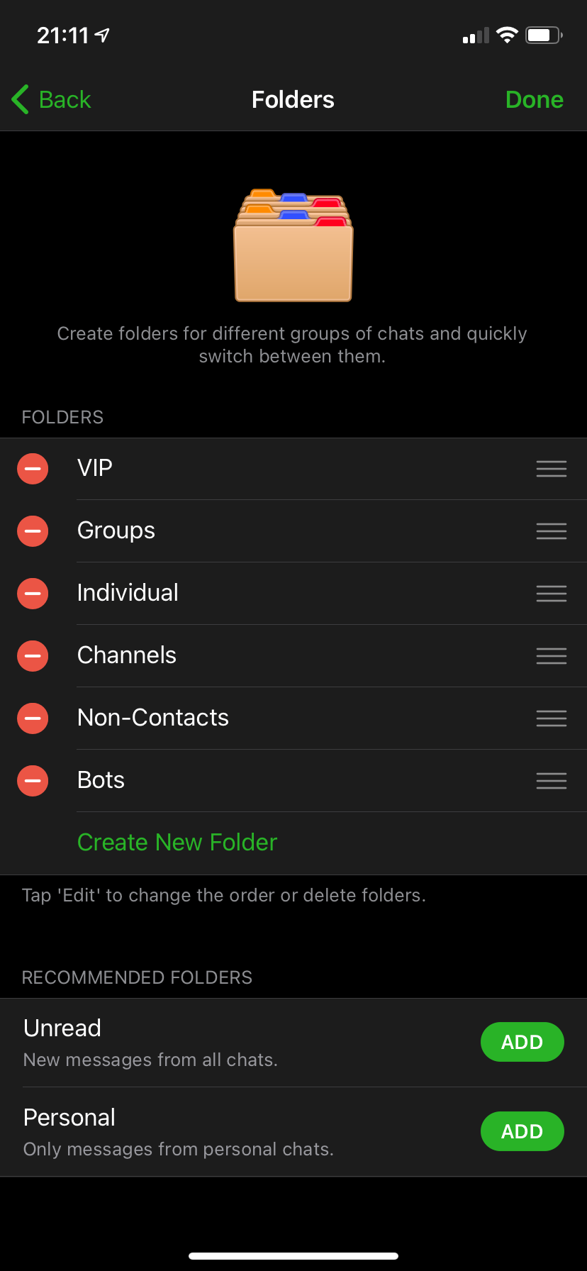 Telegram iOS Folder Edit