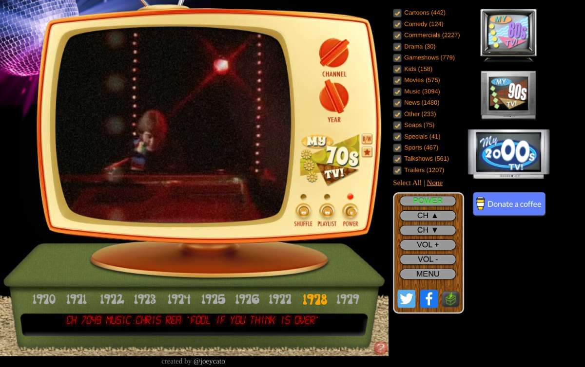 My 70s TV recreates the 70s TV experience on a web app, complete with era-appropriate programs and shows