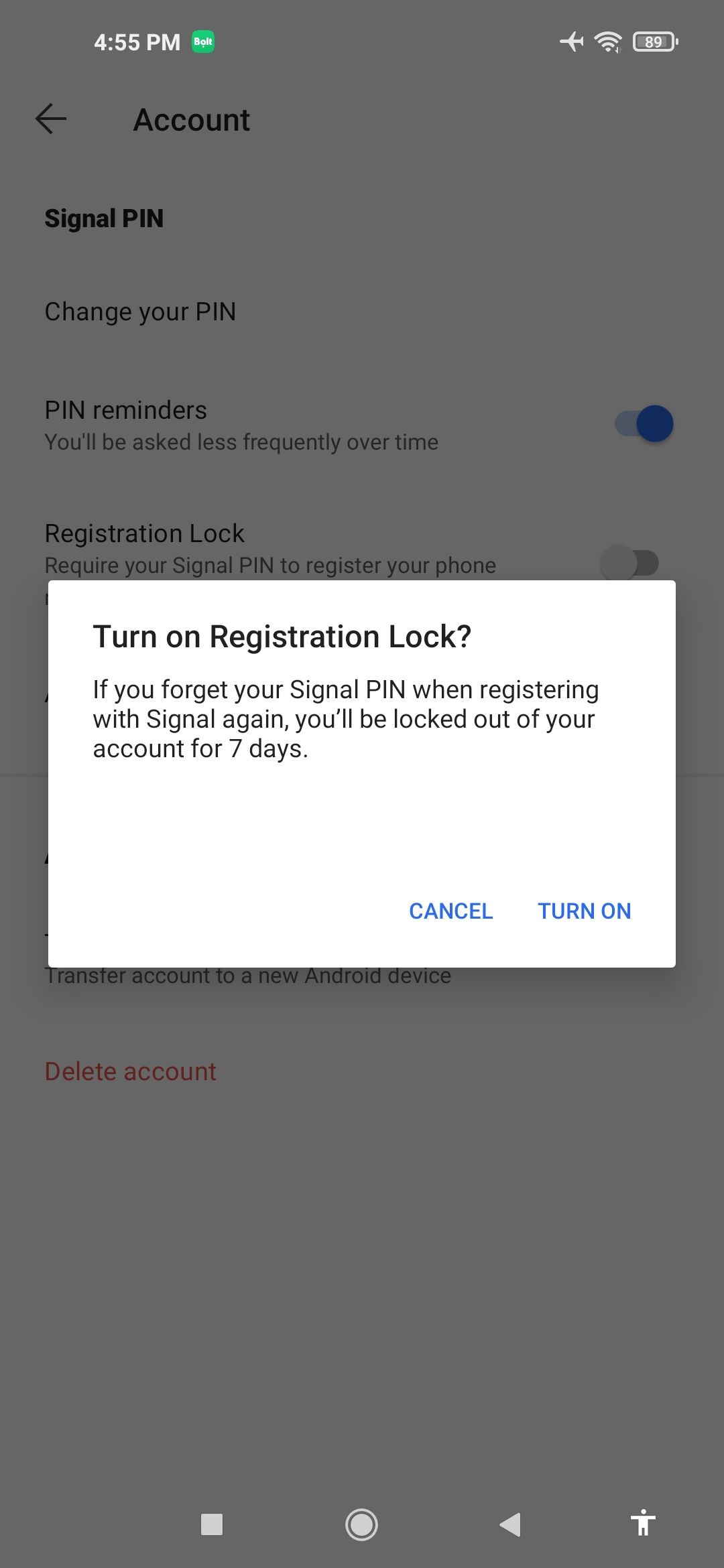 Signal turn on Registration Lock warning